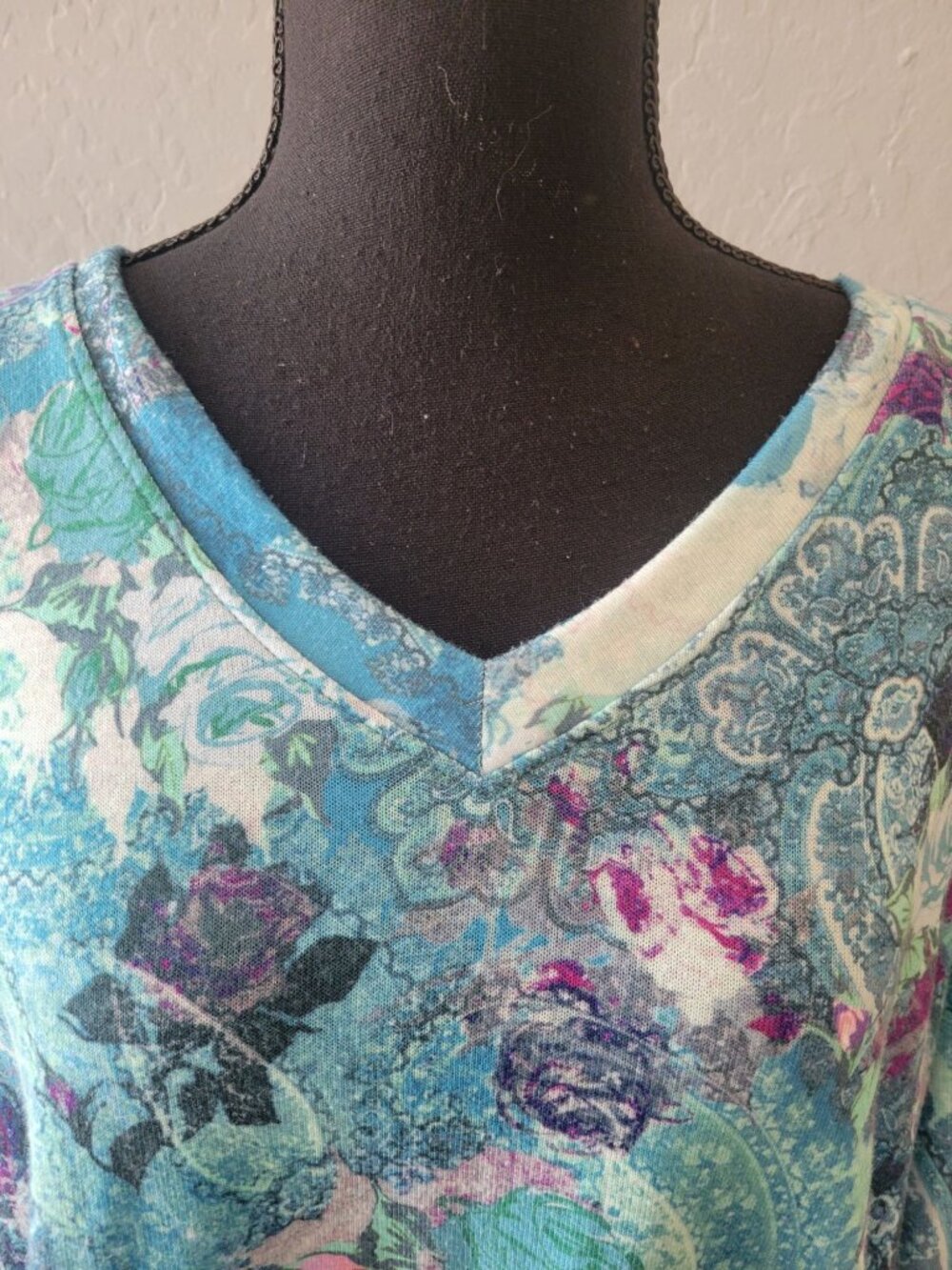 Soft Surroundings tunic top featuring a blue floral paisley print and a V-neck - Picture 3 of 11